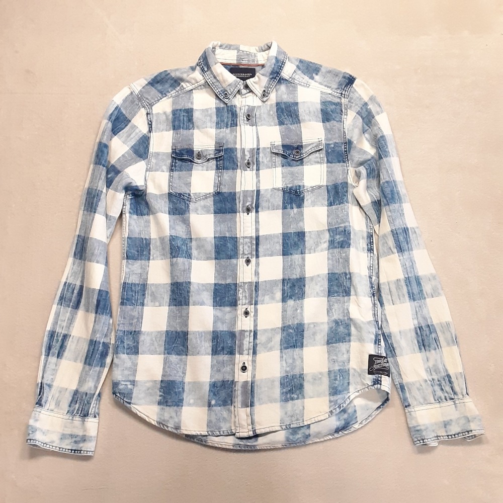 Scotch & Soda Mens LS Flap Pocket Button Shirt S Blue Check Pattern Acid Washed